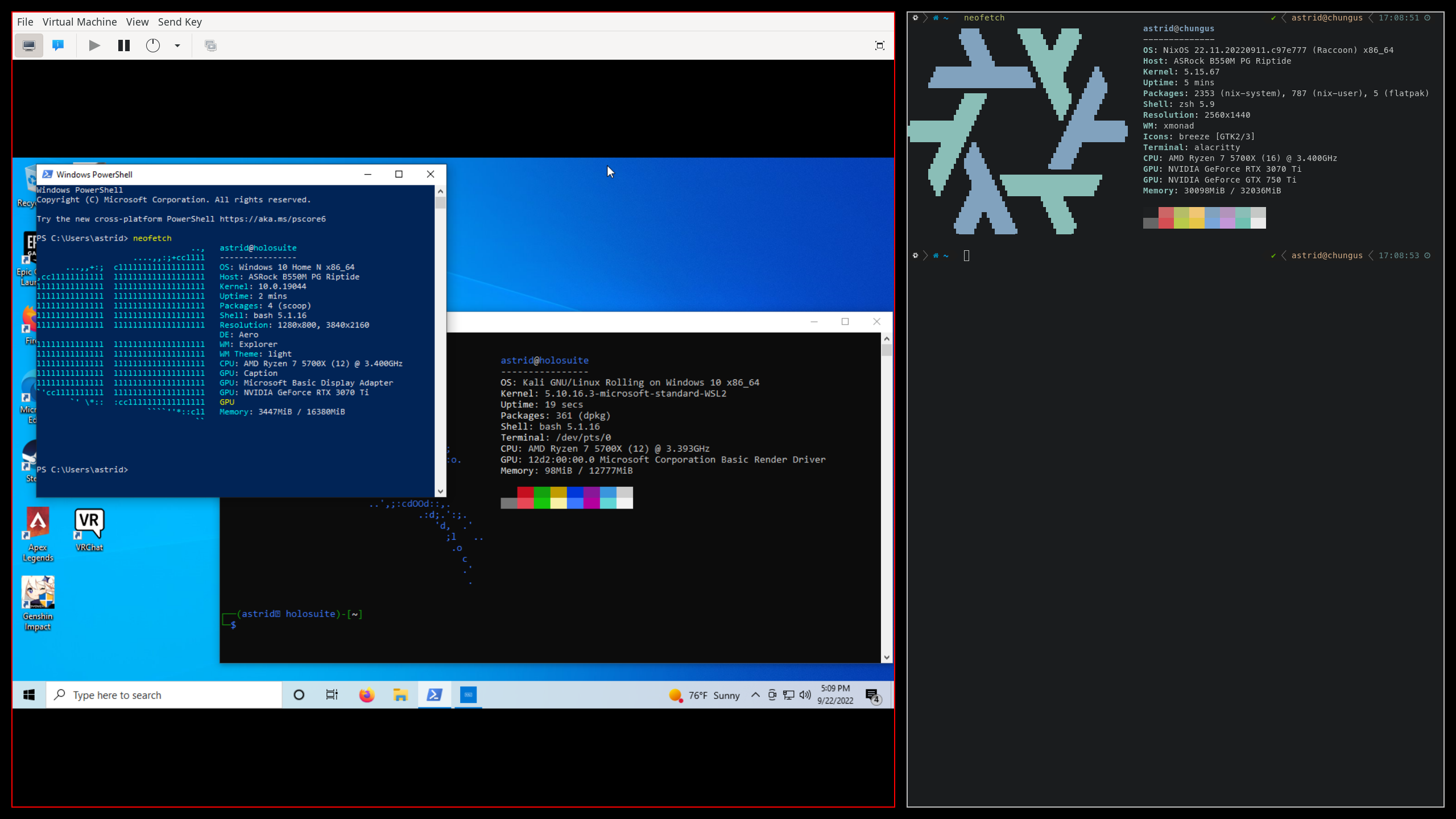 Neofetches for Kali on WSL on Windows on QEMU in Libvirt on NixOS showing all my specs!